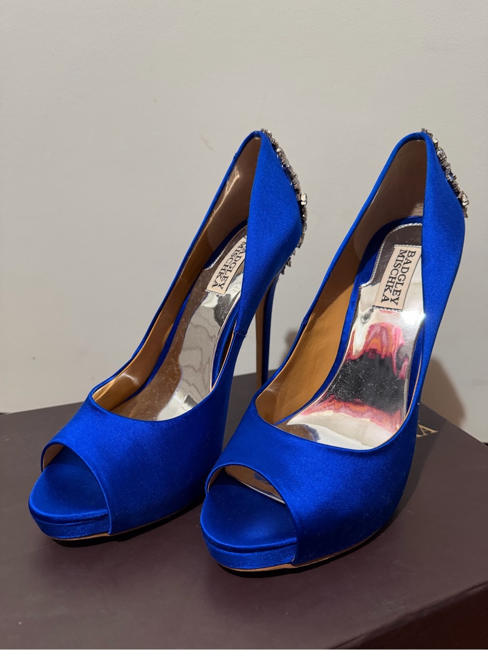 New in Box- Badgley Mischka Cobalt Blue Satin Peep-Toe Heels with Crystals